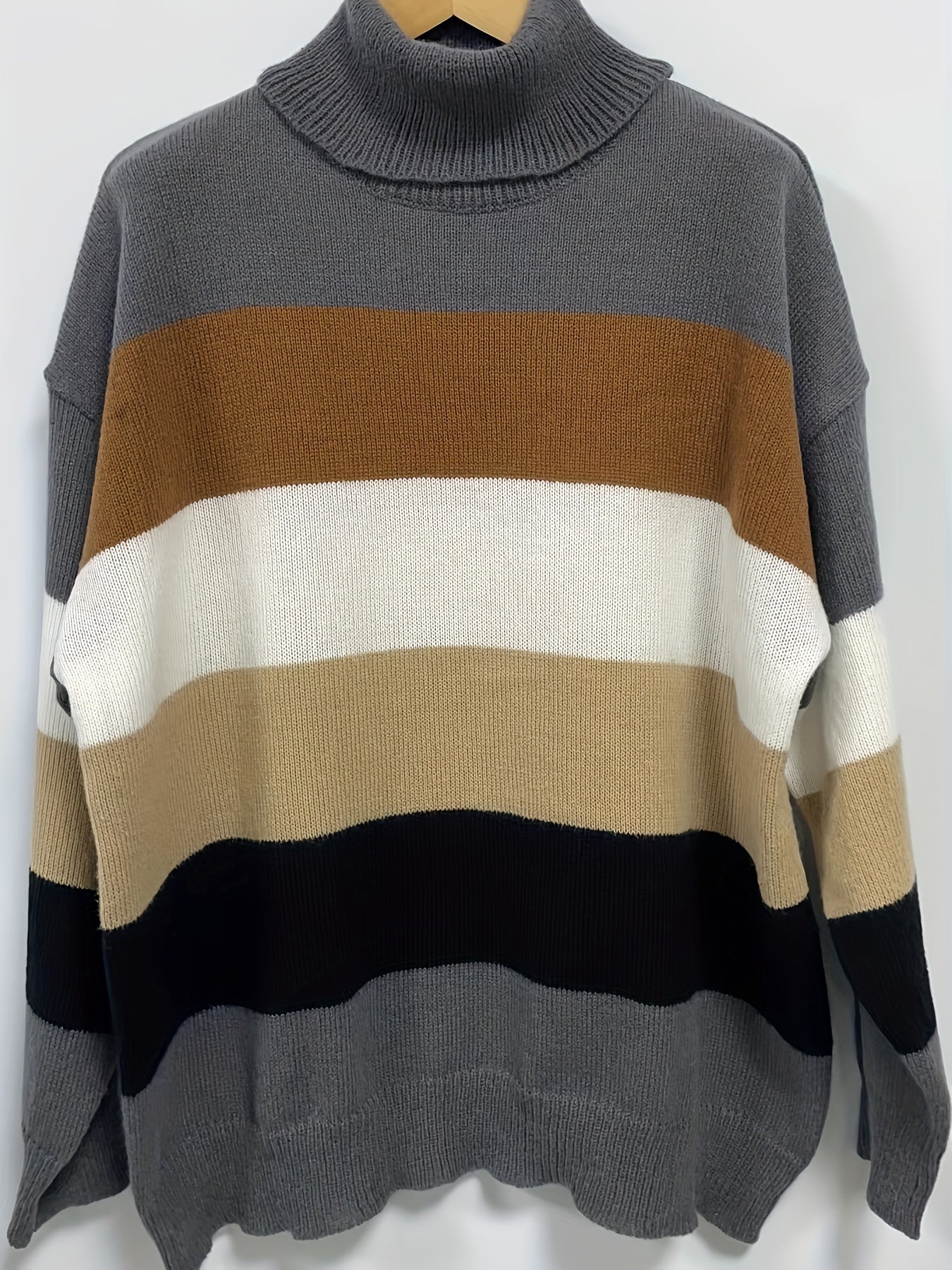Casual Sweater Women's Plus Colorblock Long Sleeve Turtle Neck Jumper