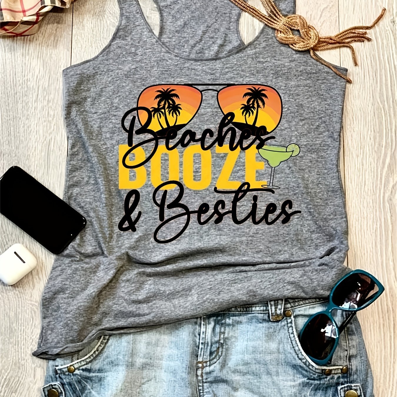 Sunglasses & Letter Print Tank Top Casual Sleeveless Summer Beach Tank Top