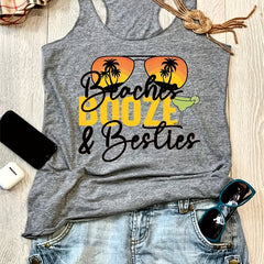 Sunglasses & Letter Print Tank Top Casual Sleeveless Summer Beach Tank Top
