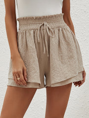 Shirred Waist Layered Shorts Solid Drawstring Shorts