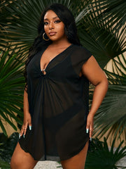 Solid Notched Ring V Neck Cover Up Dress Beachwear Dress