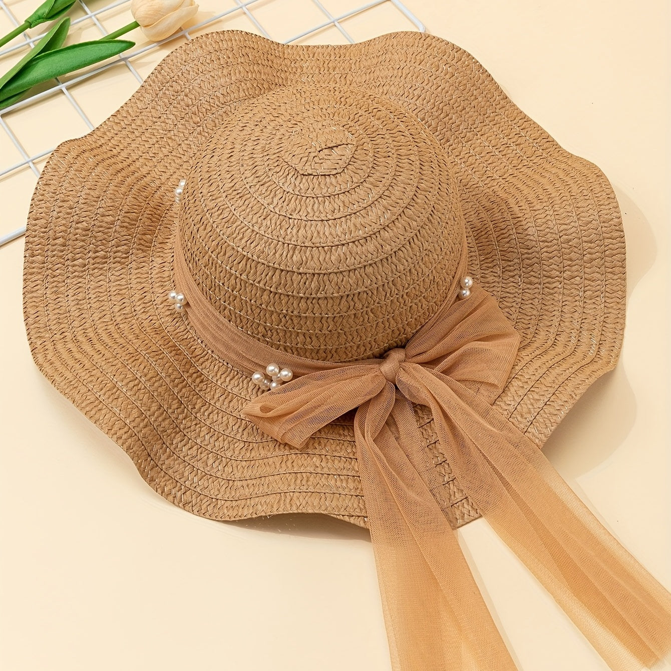 Ruffles Sun Hat Faux Pearl Straw Hat Sunscreen