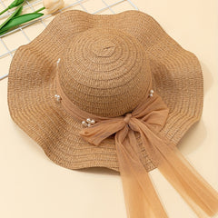 Ruffles Sun Hat Faux Pearl Straw Hat Sunscreen