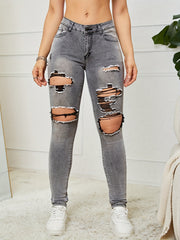 High Waist Distressed Jeans High Strech Solid Street Style Denim Pants