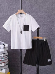 Boys Casual Stripe Graphic Short Sleeve T shirt & Shorts Set