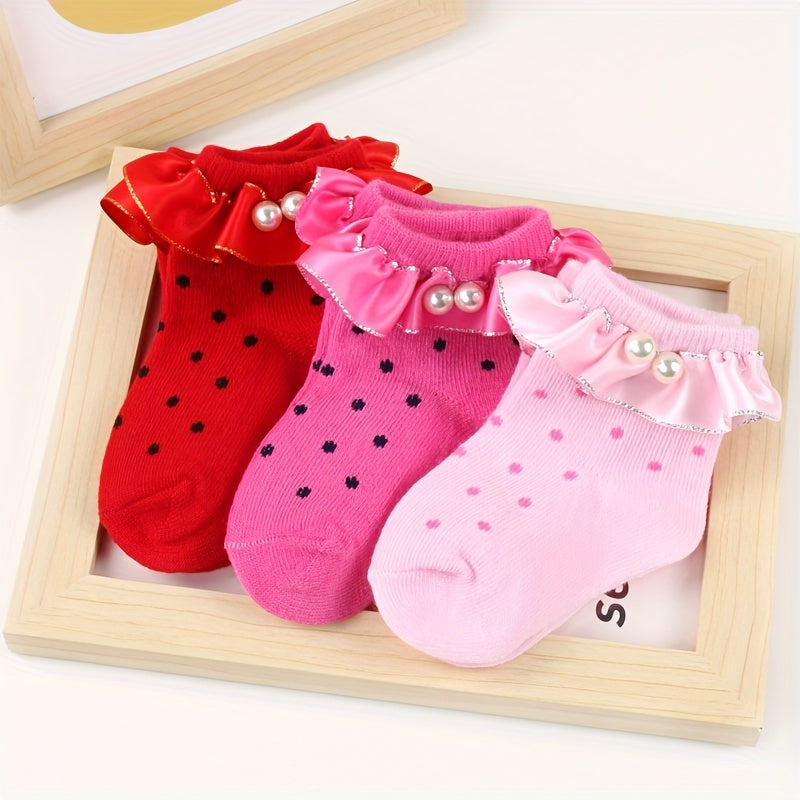 3 Pairs Lace Socks for Girls Pearl Decorations Darling Socks