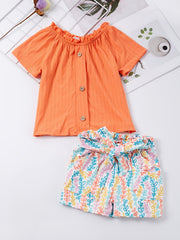 Girls Frill Trim Button Top & Sunflower Shorts Set