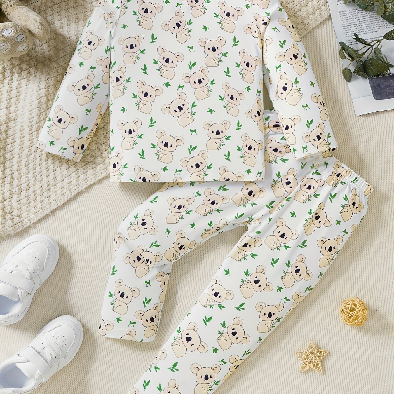 2pcs Toddler Girls Bear Graphic Pajama Set Crew Neck Long Sleeve T Shirt & Pants