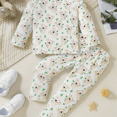 2pcs Toddler Girls Bear Graphic Pajama Set Crew Neck Long Sleeve T Shirt & Pants