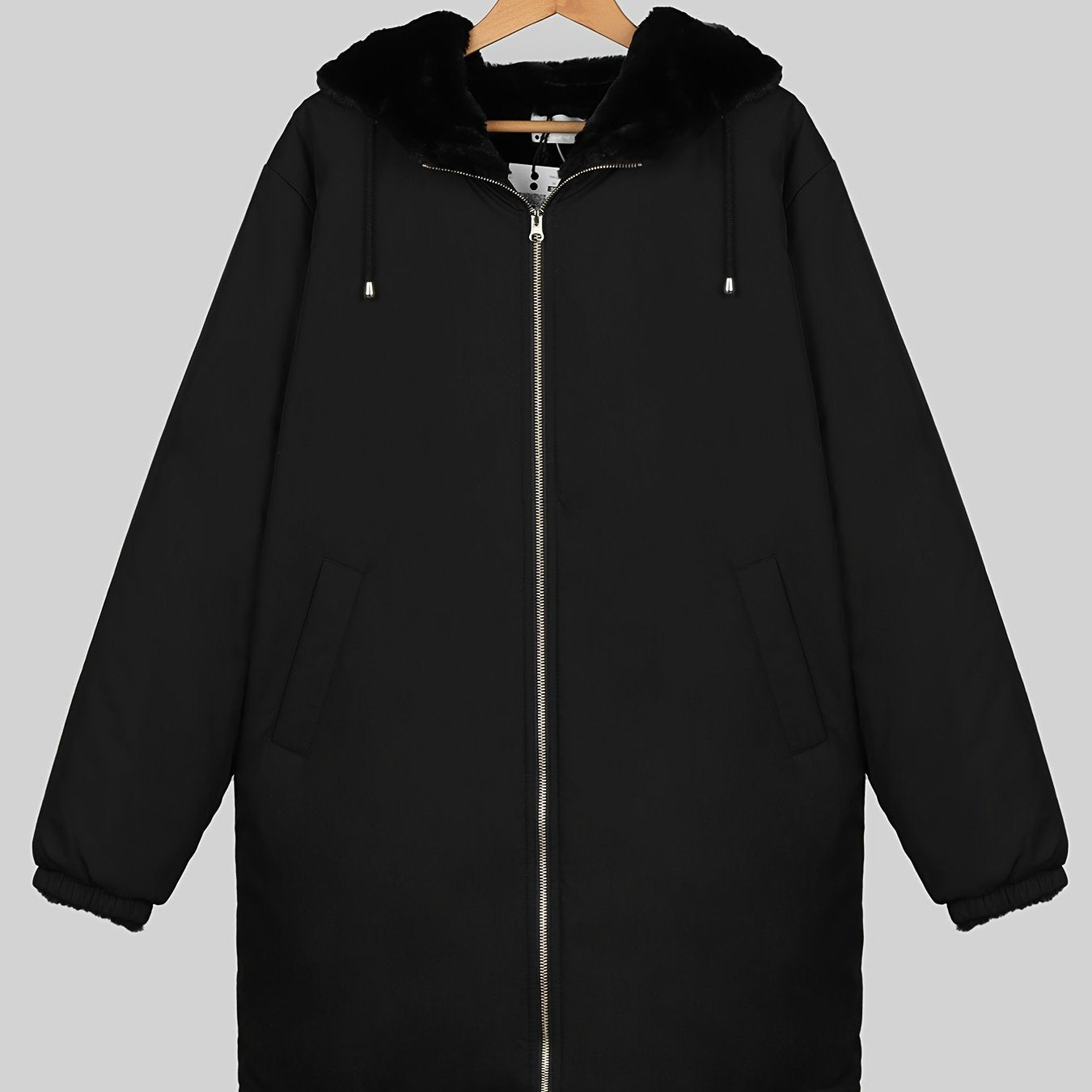 Hooded Full Zipper Coat Warm Mid Length Pocket Outerwear