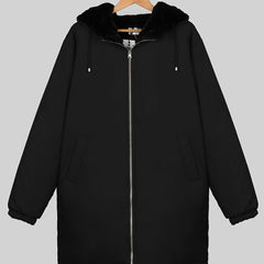 Hooded Full Zipper Coat Warm Mid Length Pocket Outerwear