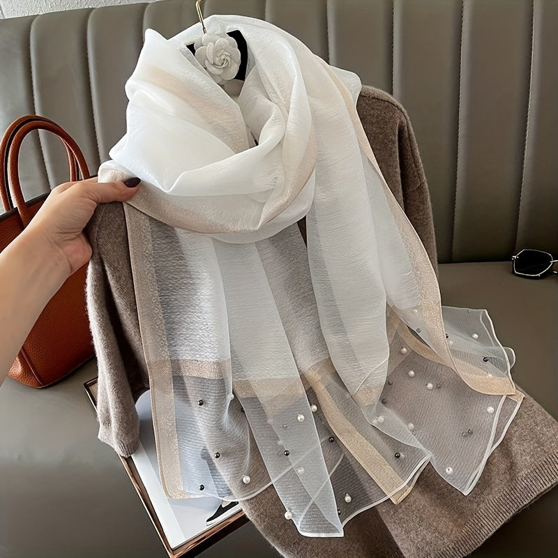Faux Pearl Decor Chiffon Scarf Silk Shawl Block Head Wrap Hijab