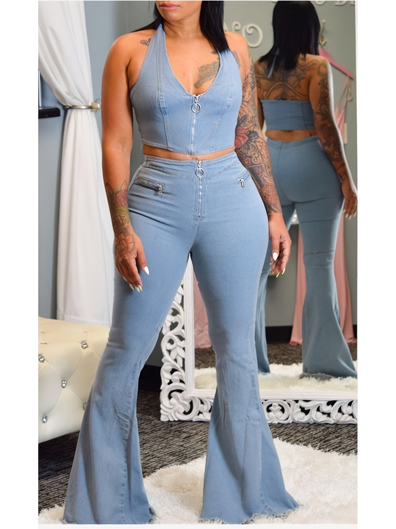 Y2K Denim Halter Neck Crop Top & Flared Leg Jeans Set Plus Size