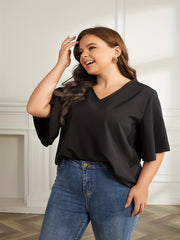 Women's Plus Solid V Neck Bat Sleeve T shirt