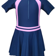 Girls Splicing Short Sleeve Zip Swimwear