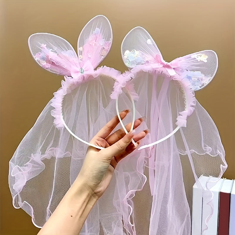 Pink Rabbit Ears Butterfly Head Hoop Girls Non Slip Mesh Hair Accessory