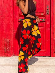 Boho Floral Print Loose Straight Pants Elastic High Waist