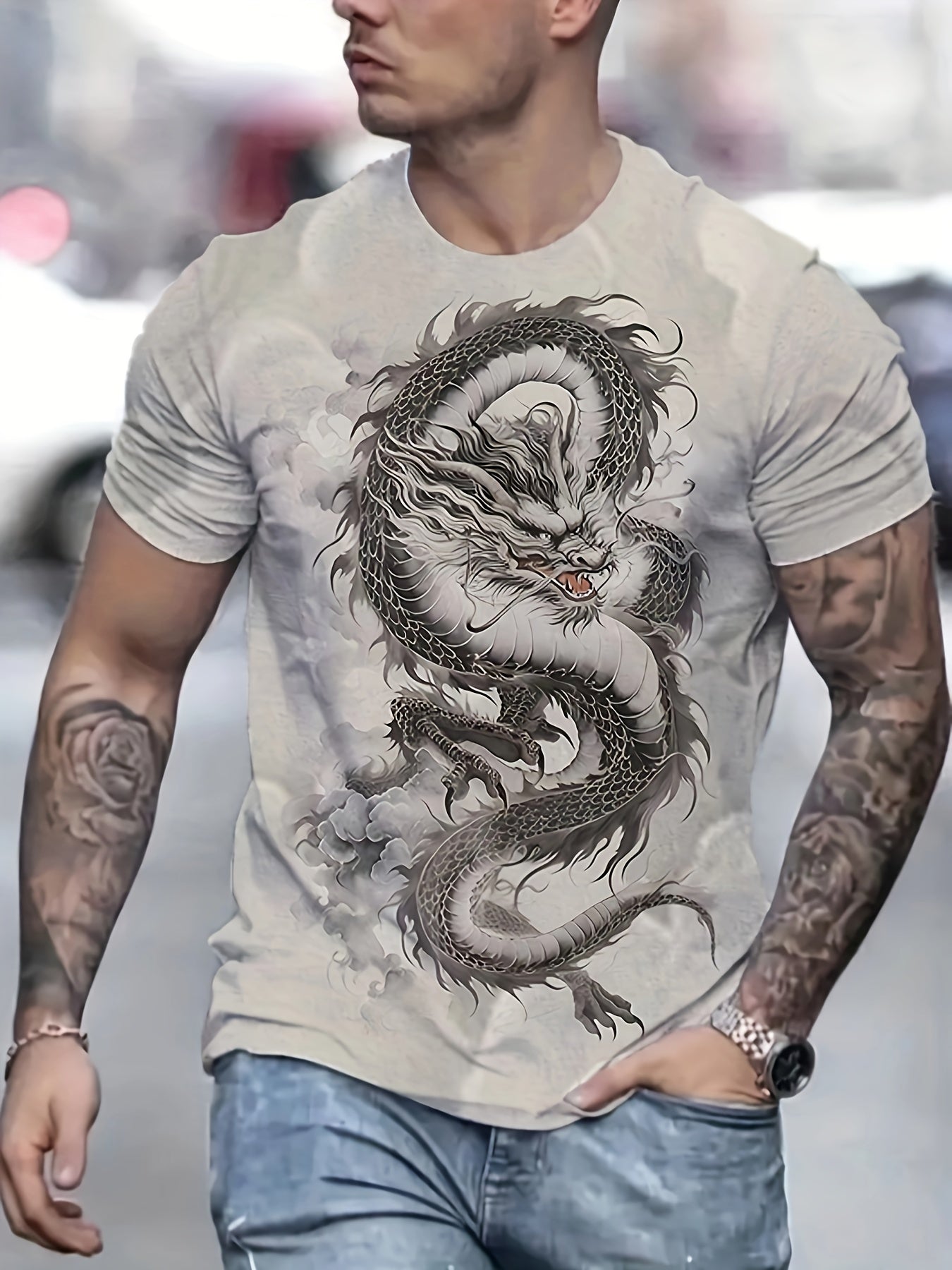 Dragon Pattern Casual Tee Street Style Summer T-shirt
