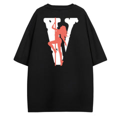 Girl & Letter Print Crew Neck T Shirt Unisex Hip Hops Style Short Sleeve