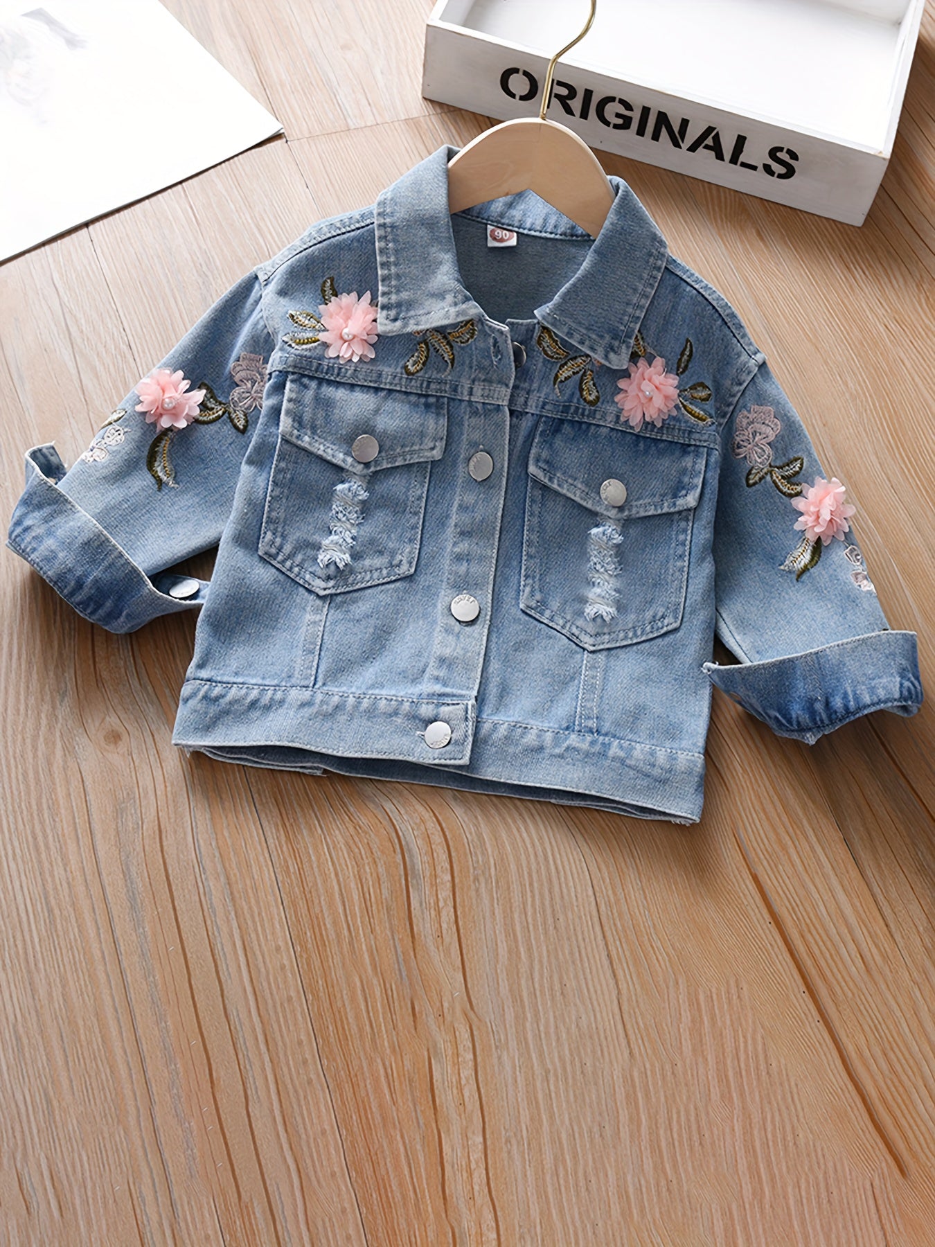 Girls' Flower Decor Denim Jacket Top