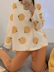 Fruit Print Pajama Set Long Sleeve Top & Pants Women's Sleepwear