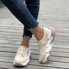 Women's Platform Lace Up Sneakers Low Top Faux Leather Shoes