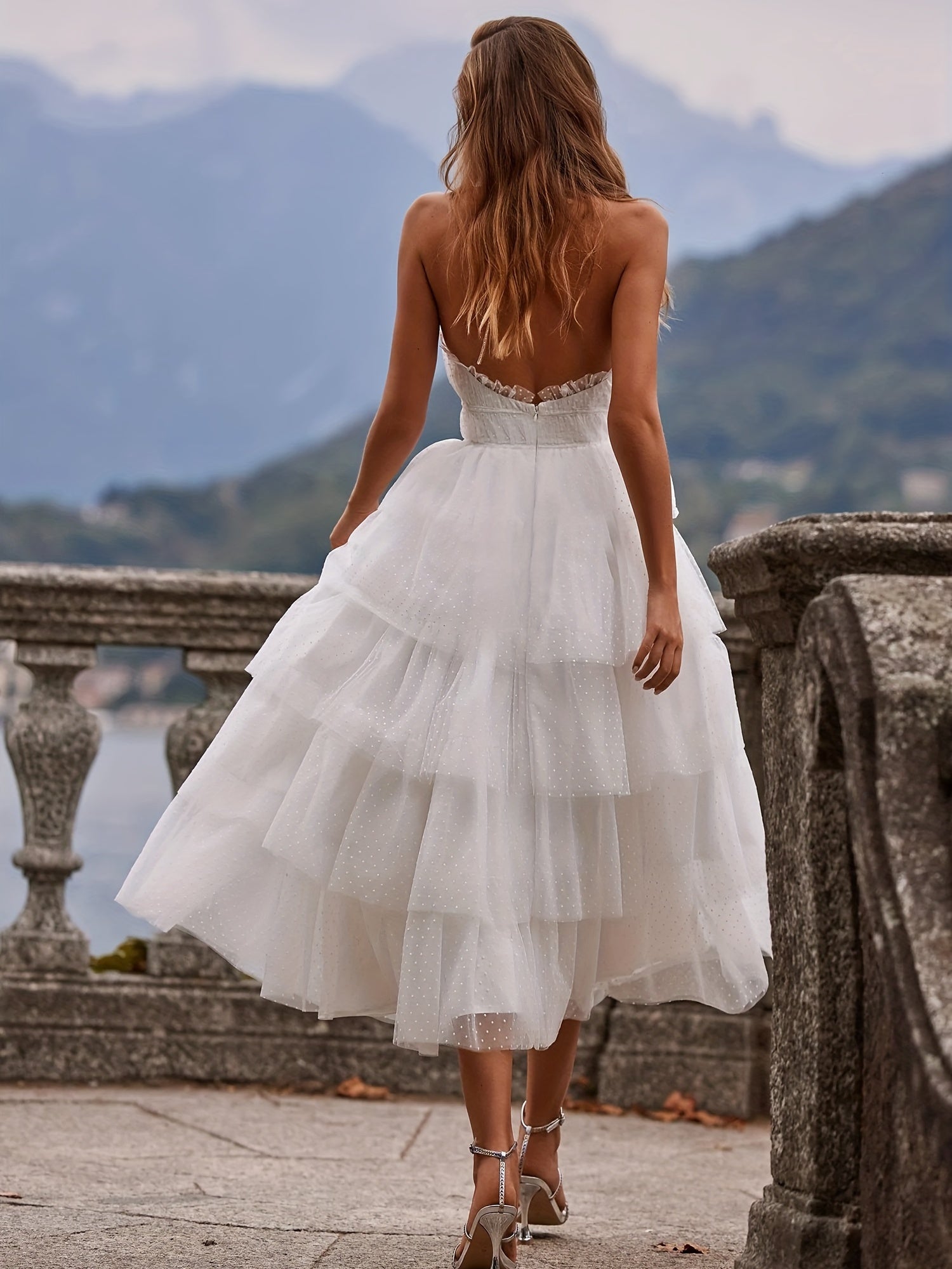 Polka Dot Halter Neck Wedding Dress Sleeveless Backless Tiered Dress