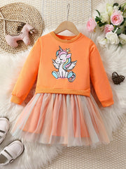 Girls Unicorn Long Sleeve Tutu Dress Tulle Stitching Casual Dress