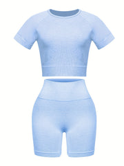 2pcs Stretchy Crop Top & Biker Shorts for Women Gym Workout Set