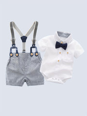 Baby Boys Gentleman Shirt Set With Bow Tie & Suspender Shorts