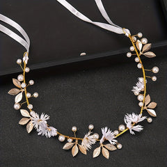 Faux Pearl Flower Leaf Headband Tiara for Women Bride Wedding Hair Accessories