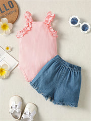 2pcs Baby Girls Thin Strap Onesie & Floral Embroidery Denim Shorts Set