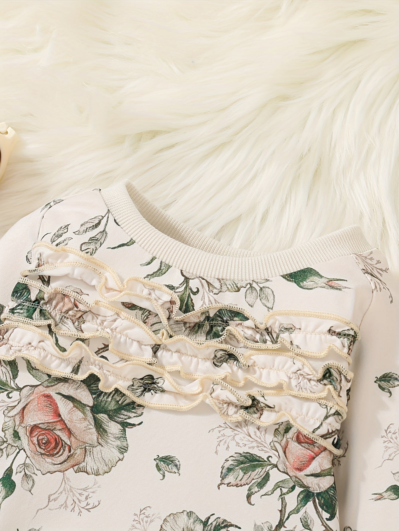 Baby Girl Boho Rose Flower Print Ruffle Top Pants Set