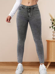 Grey Stretch Skinny Jeans Slash Pocket Zipper Button Closure Denim Pants