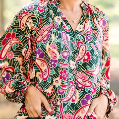 Women's Plus Paisley Floral Print Lantern Sleeve V Neck Loose Fit Blouse