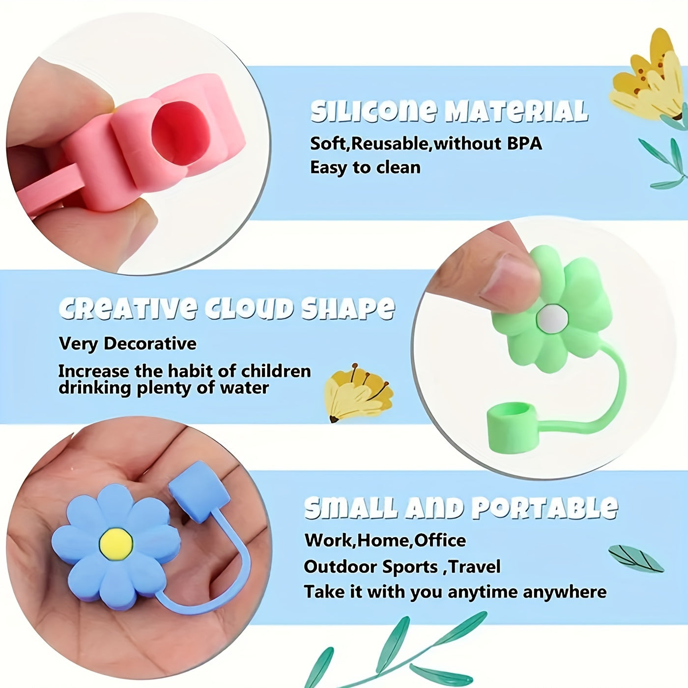 Cartoon Flower Straw Cover Reusable Silicone Straw Lid Cup Accessories