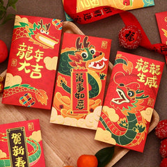 6pcs Red Envelopes Dragon Year Lucky Money 6 Different Golden Embossed Patterns
