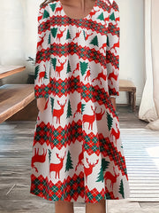 Christmas Dress Women's Reindeer Print Long Sleeve Round Neck Dress