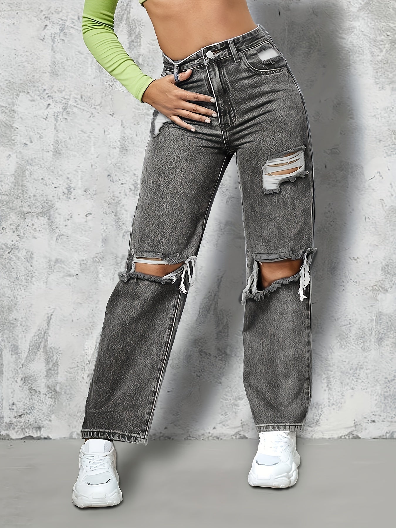 Grey Ripped Holes Straight Jeans Loose Fit Distressed Denim Pants