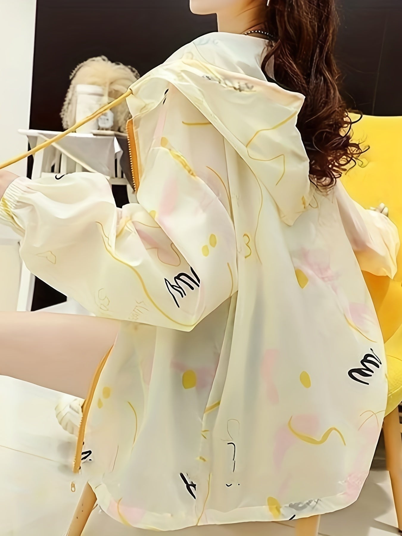 Abstract Print Loose Hooded Jacket Zip Up Sleeve Outerwear