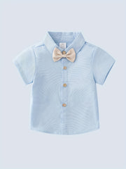 Boys 2 Pc Outfit: Button Down Tee & Suspender Shorts Set