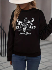 Bull Head Print Pullover Sweatshirt Crew Neck Fall Winter Womens Clothing