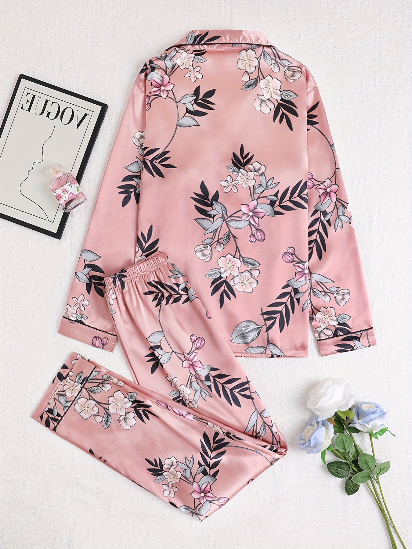 Floral Pajama Set Long Sleeve Top & Elastic Waistband Pants Women's Sleepwear