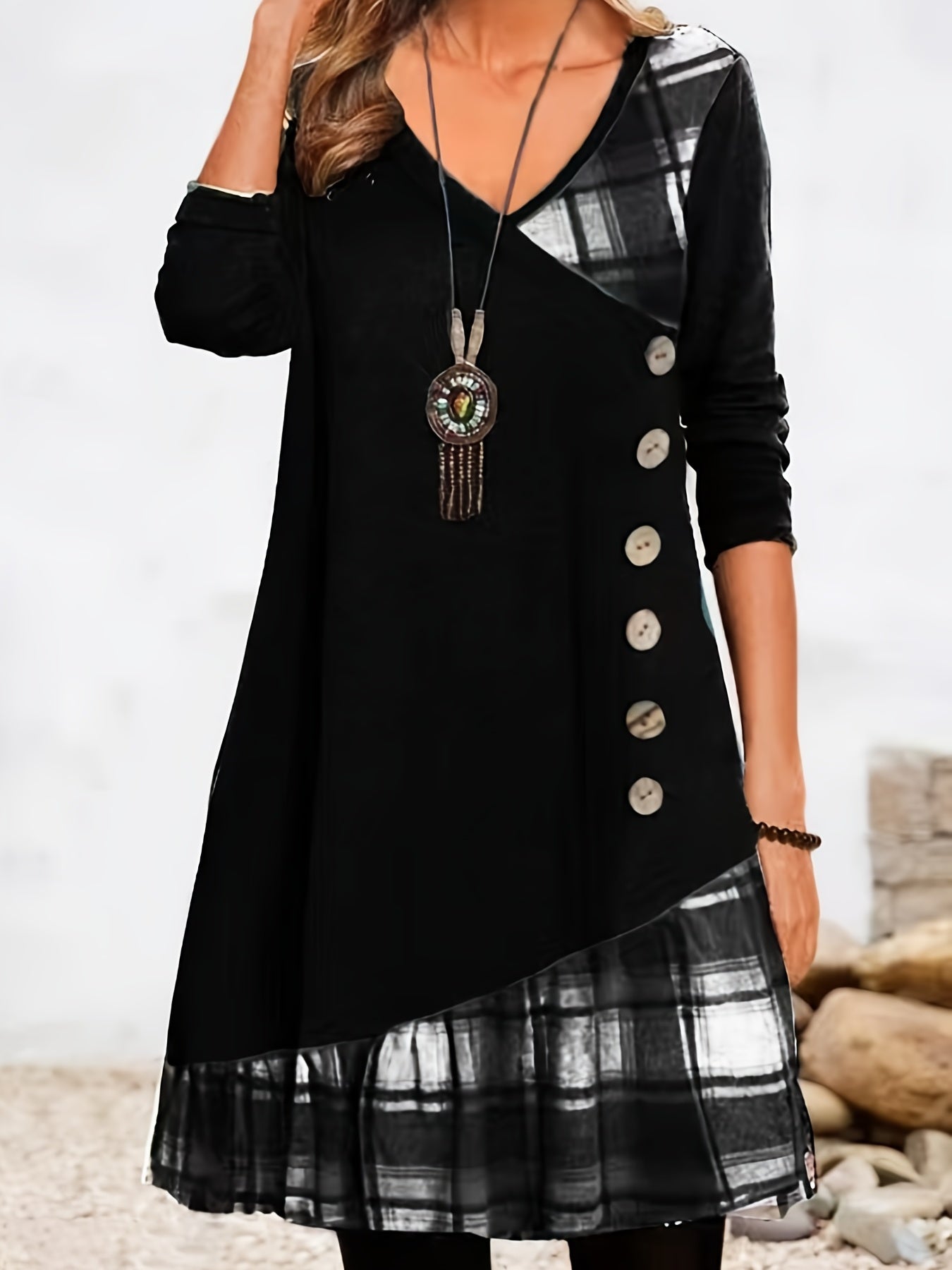 Casual Dress Women's Plus V Neck Plaid Print Long Sleeve