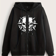 Skull Print Zip Up Hoodie Sweatshirt Coat