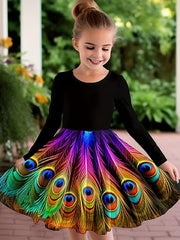 Peacock Tail Print Long Sleeve Crew Neck Dress For Girls