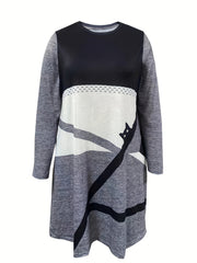 Plus Geo & Cat Print Long Sleeve Round Neck Dress