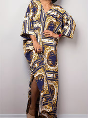 Retro Kaftan Dress Three Quarter Sleeve V Neck Baroque Print