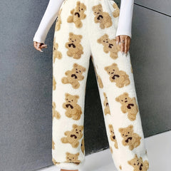 Cartoon Bear Print Lounge Pants Casual & Fuzzy Elastic Waistband Pants