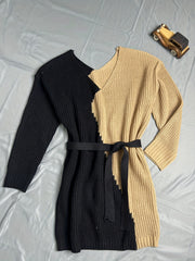 Colorblock Long Sleeve V Neck Sweater Dress With Belt